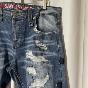 Smugglers Moon Men's Distressed Jeans Patched Buckle Straps Denim Size 36x30